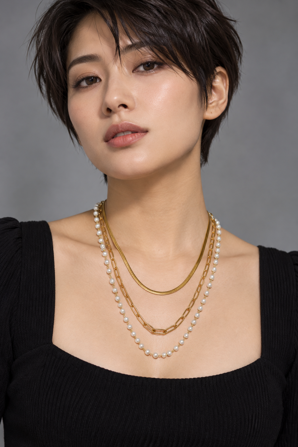 Golden Elegance – 3-Layer Pearl Necklace ✨